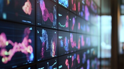 High tech laboratory displays vibrant, intricate data visualizations across multiple screens, showcasing scientific analysis and research in a cutting edge environment