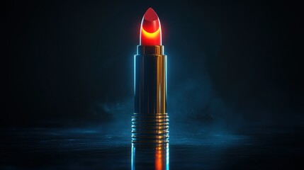 Glowing red lipstick, dark smoky background, beauty product, advertising