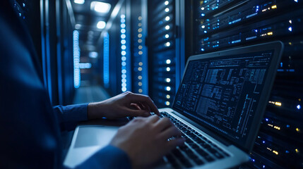 A computer engineer working on a laptop in a server room, representing a data center focused on big data storage�ideal for IT support and telecommunication concepts.