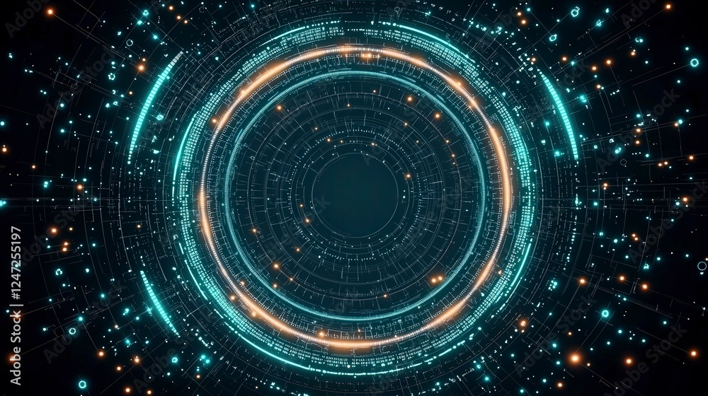 Poster vibrant abstract circular design with glowing particles and dynamic lines, creating a sense of movem