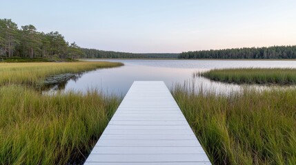 Fototapeta premium Serene lake view with a white dock, tranquil nature