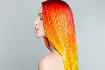 Red to yellow ombre hairstyle, long straight bold hair, side portrait view of vibrant colorful hair dye, isolated on minimalistic light gray background

