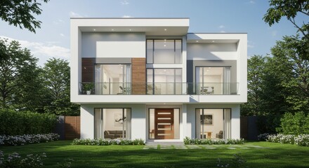 A modern two story house with a striking white and glass exterior. The front features a spacious green lawn with large windows and a private balcony