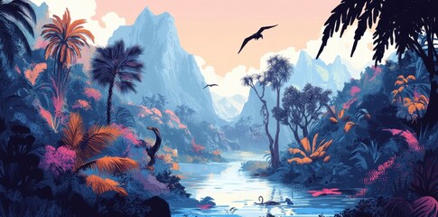 Serene Tropical River Valley Landscape With Birds