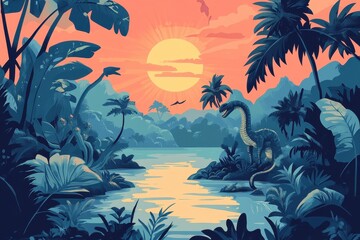 Fototapeta na wymiar Prehistoric Creature by a Tropical Sunset River