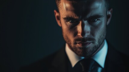 Intense Business Executive with Dramatic Lighting for Cinematic Poster Design