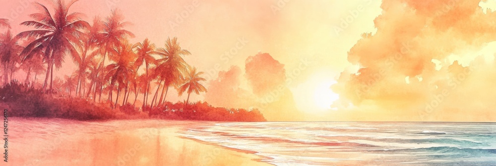 Poster watercolor illustration of a serene beach with palm trees at sunset over the calm ocean waves. gener