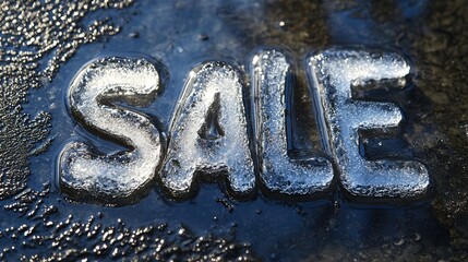 Frozen letters form sale announcement on black surface in winter context