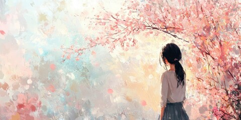 Obraz premium Girl Gazing at Blossoming Cherry Trees in Springtime