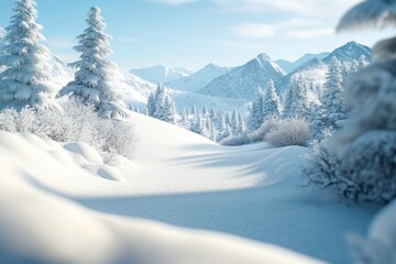 Obraz premium Snow-covered landscape with tall trees in a peaceful winter setting during daylight
