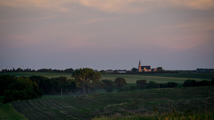 Rural Nebraska church at dusk