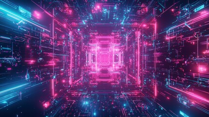 Fototapeta premium Vibrant digital tunnel with glowing blue and pink lights, creating a futuristic and immersive atmosphere.