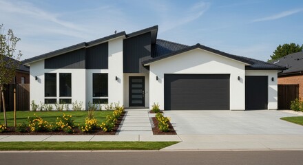A suburban modern house with a low pitched roof and a sleek design