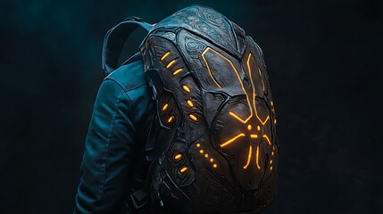 A sci-fi backpack resembling an alien artifact with intricate carvings and glowing runes