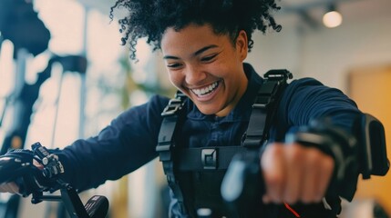 Enthusiastic scientist wearing an exoskeleton conducts research in a modern lab. The focus is on technological innovation and scientific exploration, highlighting advancements in wearable tech
