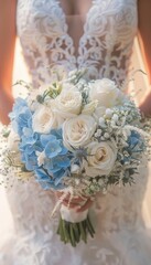 Elegant Bridal Bouquet with White Roses and Blue Hydrangeas for Wedding Design