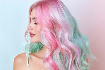 Pink and turquoise ombre hair, long pastel waves hairstyle, portrait view on light pastel background, vibrant and colorful hair dye, feminine fashion look

