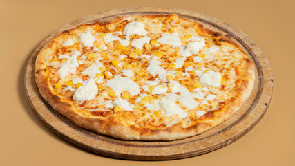 Delicious pizza isolated on wooden board