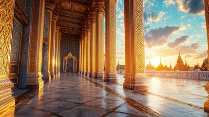 Golden architectural details in a temple at sunset, showcasing intricate designs and a serene atmosphere.