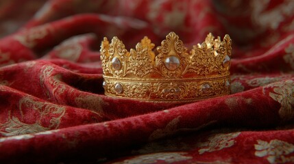 Golden crown rests on red fabric, regal backdrop, power concept