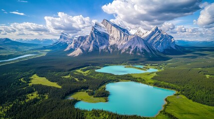 Fototapeta premium Stunning aerial view of majestic mountains and serene lakes during daytime in a natural wilderness area