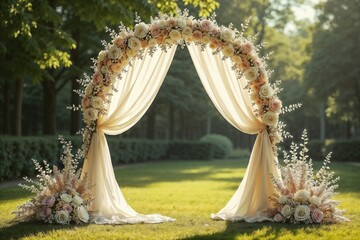 Elegant Wedding Ceremony Arch Decorated with Blush Pink and White Roses amid Lush Green Landscape