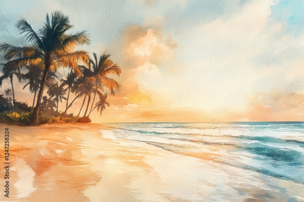 Aufkleber warm sunset over a tranquil beach with palm trees swaying in the gentle breeze. generative ai