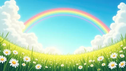 Vibrant rainbow arcs across a sunny sky above a field of daisies and green grass. Cheerful, whimsical, and idyllic scene with fluffy white clouds.