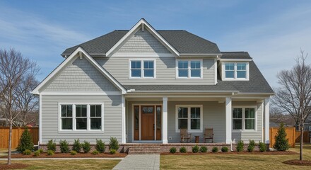 A charming modern farmhouse style house with a pitched roof and gray siding