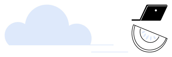 Large light blue cloud, black laptop with white dot, semicircle with curved lines on right. Ideal for technology, cloud computing, digital communication, remote work, innovation, connectivity