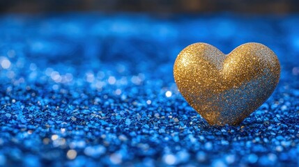 Fototapeta premium Golden heart on blue glitter, bokeh background, Valentine's Day card
