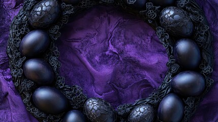 Obraz premium A gothic Easter frame made of black lace-trimmed eggs, set on a dark, mysterious purple velvet background
