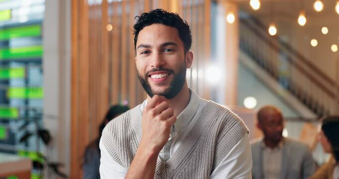Happy, face and businessman in office with confidence in career growth for creative project. Smile, portrait and professional male public relations officer with pride for company development.
