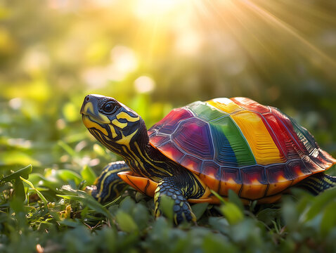 Turtle close-up, shell painted in the colors of the gay rainbow flag, lgbt, in support of free love. Generative Ai