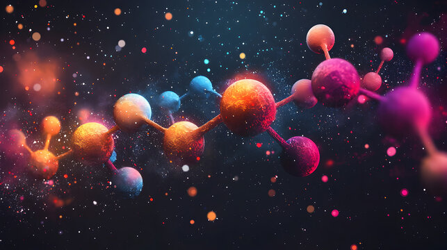 Colorful Abstract Molecule Illustration: A Vibrant Digital Design Showcasing Chemistry Concepts, Atoms, Energy Connections, and Modern Scientific Research in a Dynamic Space Exploration Context