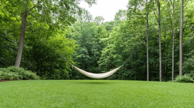Hammock in lush green garden, tranquil forest backdrop, relaxation