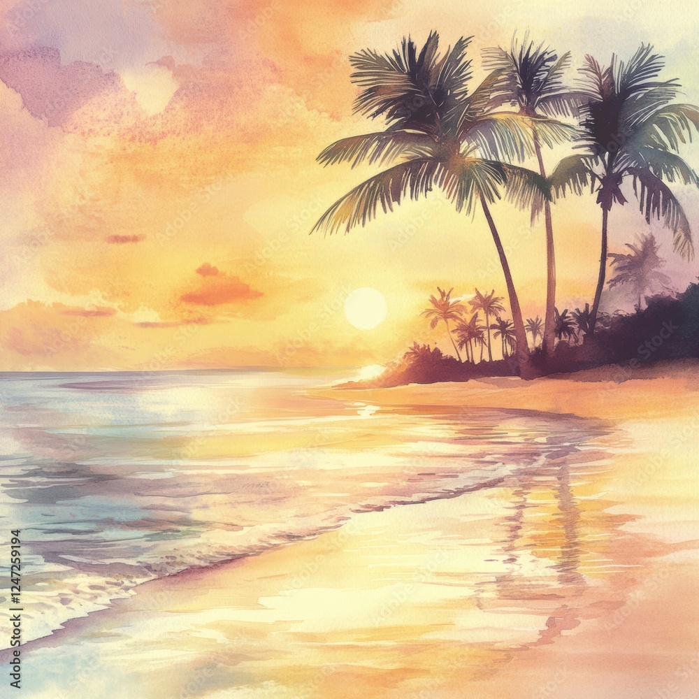 Poster vibrant sunset over tranquil beach with palm trees reflecting on calm waters. generative ai