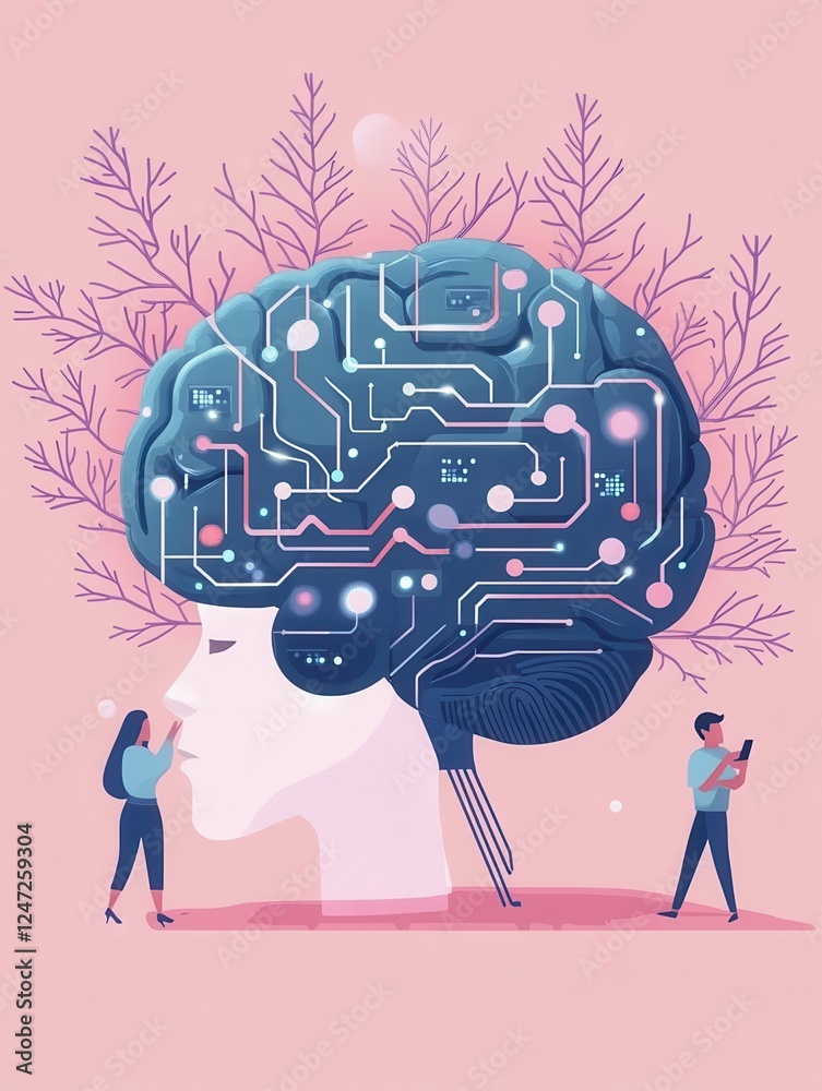 Poster programmers testing chatbot intelligence and brain with circuit. chatbot turing test, intelligent be
