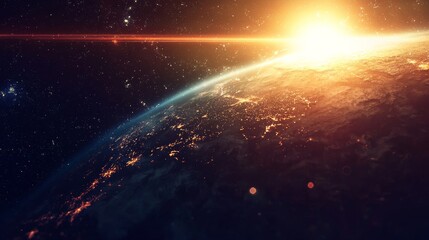 Fototapeta premium Breathtaking view of Earth at sunrise captured from space, showcasing vibrant colors and glowing cities