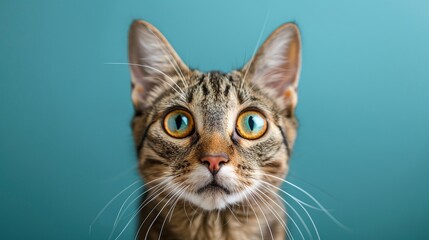 Obraz premium Wide-eyed tabby cat portrait, isolated on vibrant blue background, focused and curious expression, minimalist studio photography, sharp details of fur and whiskers, adorable and photogenic feline