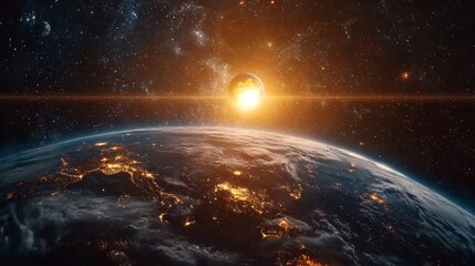 Fototapeta premium Stunning view of Earth at sunrise from space showcasing vibrant city lights and a glowing atmosphere