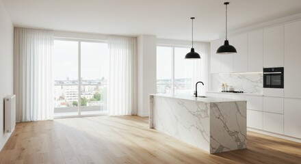 Fototapeta premium A modern open kitchen with light wood flooring and a white marble island