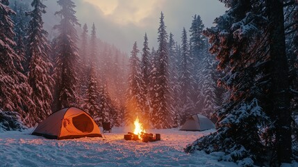 Campers enjoying a cozy evening by the fire in a snowy forest during winter camping trip in the mountains