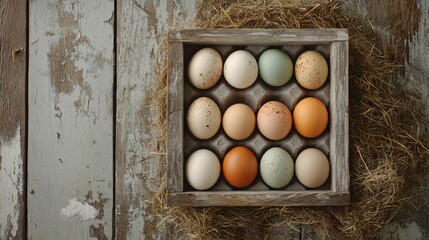 A square frame of Easter eggs in muted earth tones, placed on a rustic wooden plank background with scattered hay