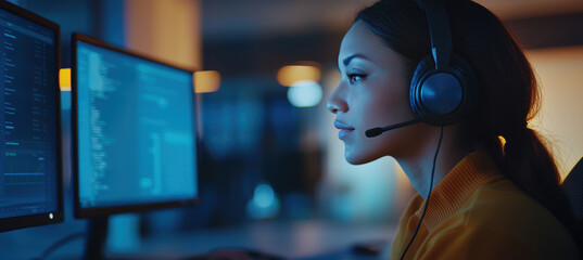 Focused Call Center Agent with Headphones in High-Tech Office Environment for Customer Service