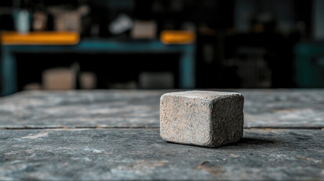 Stone cube on workshop table, blurry background