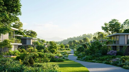 Fototapeta premium Lush, modern residential area with green landscapes and walkways, showcasing harmony between nature and architecture.