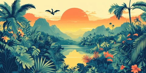 Tropical Sunset Landscape With Dragon Silhouette Over Lush Vegetation