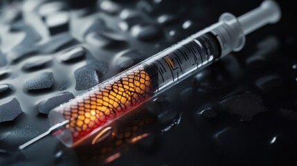 Close up of a syringe filled with a glowing liquid, showcasing an intricate design pattern on the surface. The syringe is placed on a textured, reflective background, highlighting its details