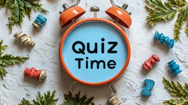 Bright orange alarm clock displays quiz time surrounded by colorful game pieces in blue and red. Fun and lively setting perfect for engaging educational activities or game nights